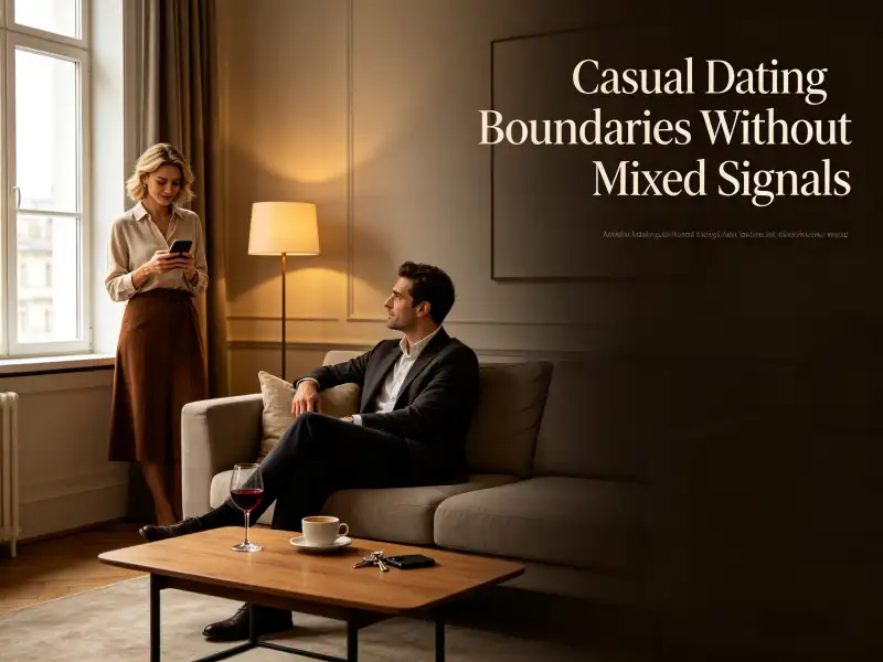 Two adults discussing casual dating expectations and personal boundaries in a relaxed lounge