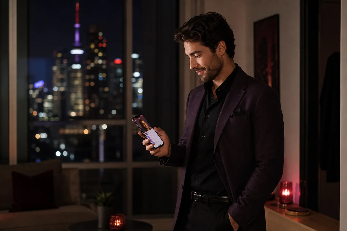 Adult reviewing a dating profile and messages on a phone before an evening meetup in Toronto