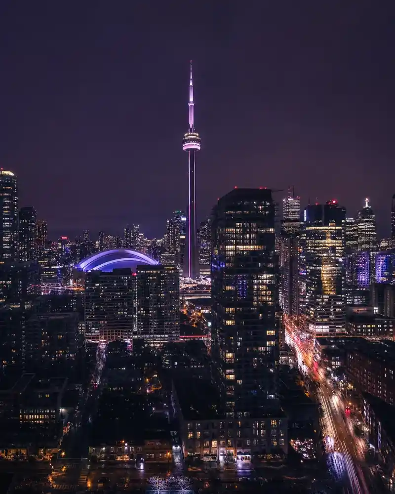 Toronto skyline and CN Tower illuminated at night